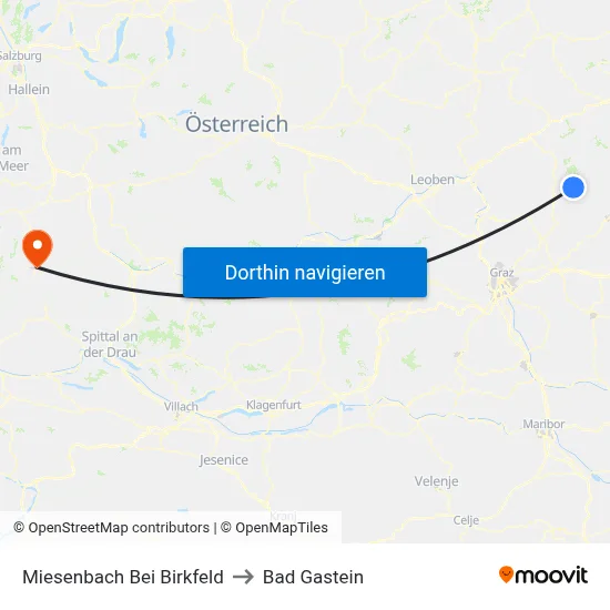 Miesenbach Bei Birkfeld to Bad Gastein map