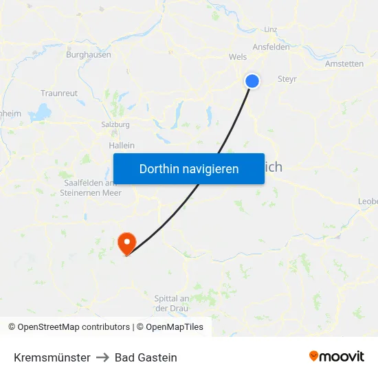 Kremsmünster to Bad Gastein map
