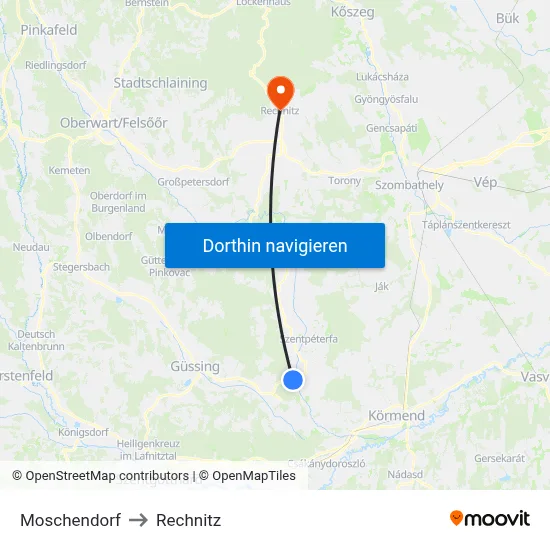 Moschendorf to Rechnitz map
