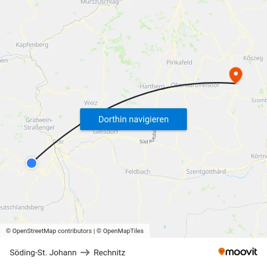 Söding-St. Johann to Rechnitz map