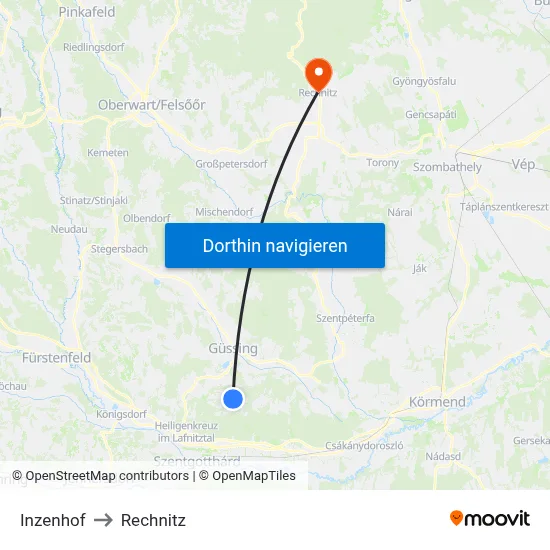 Inzenhof to Rechnitz map
