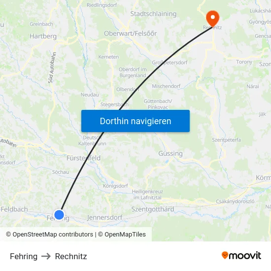 Fehring to Rechnitz map