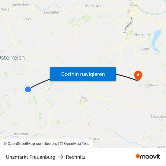 Unzmarkt-Frauenburg to Rechnitz map