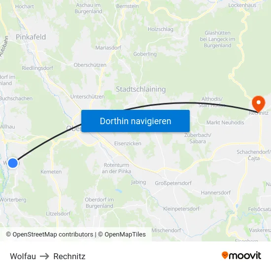 Wolfau to Rechnitz map