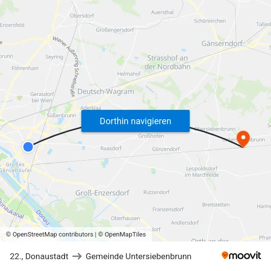 22., Donaustadt to Gemeinde Untersiebenbrunn map