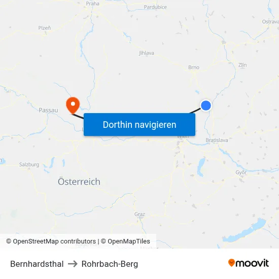 Bernhardsthal to Rohrbach-Berg map