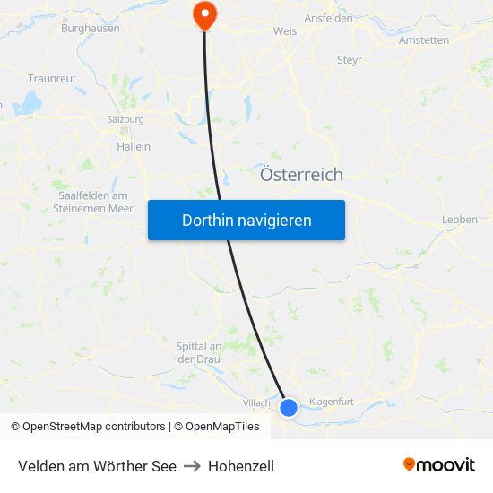 Velden am Wörther See to Hohenzell map