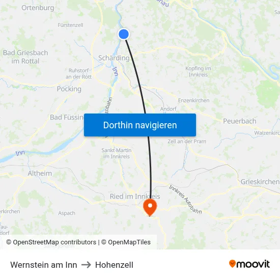 Wernstein am Inn to Hohenzell map