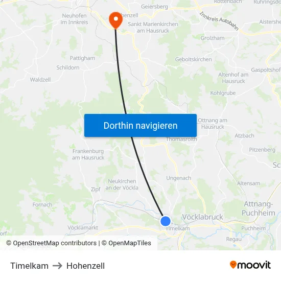 Timelkam to Hohenzell map