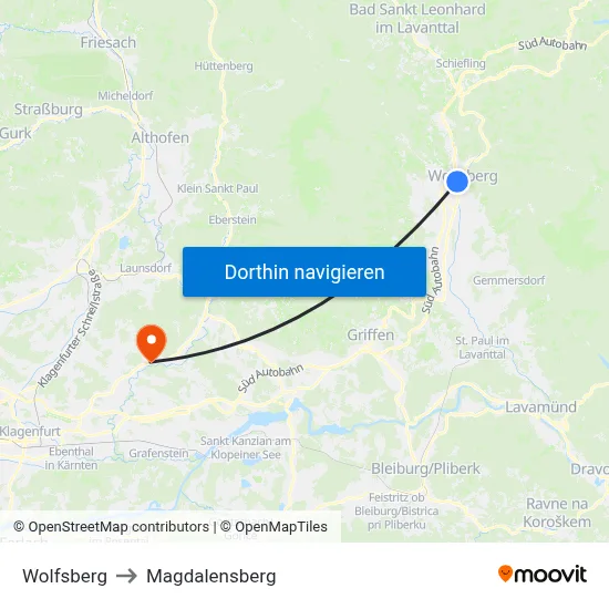 Wolfsberg to Magdalensberg map