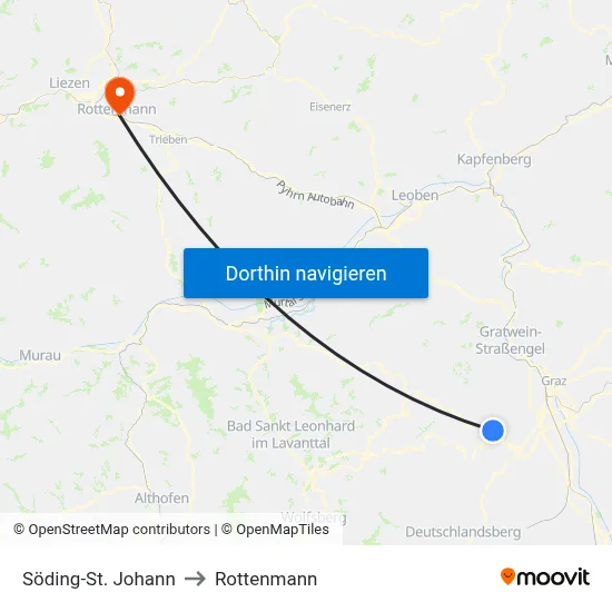 Söding-St. Johann to Rottenmann map