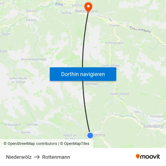 Niederwölz to Rottenmann map