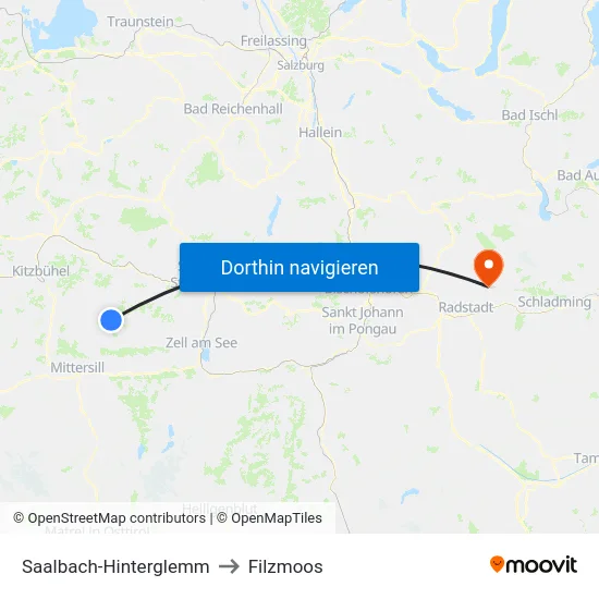 Saalbach-Hinterglemm to Filzmoos map