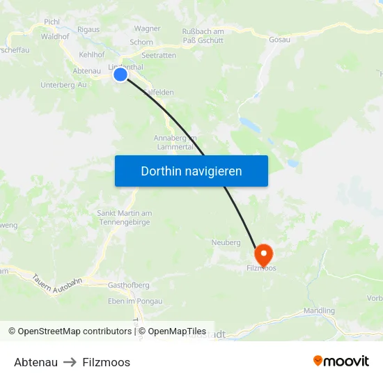 Abtenau to Filzmoos map