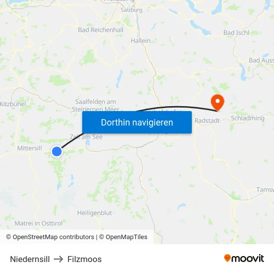 Niedernsill to Filzmoos map