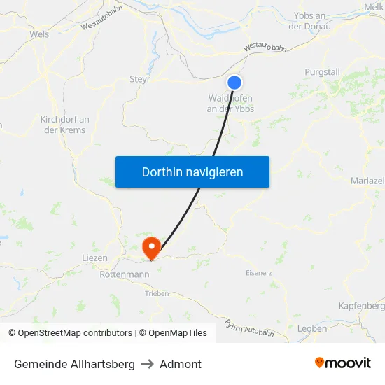 Gemeinde Allhartsberg to Admont map