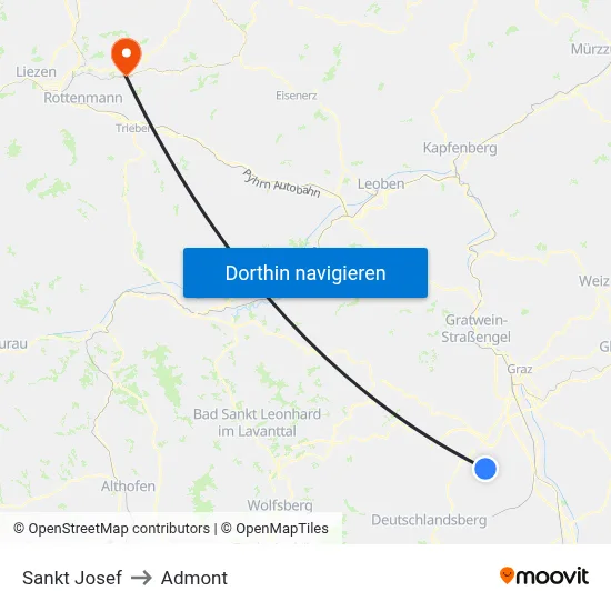 Sankt Josef to Admont map