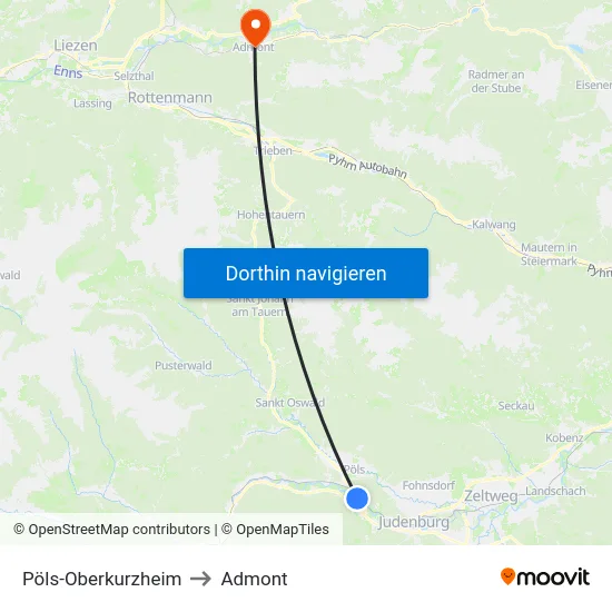 Pöls-Oberkurzheim to Admont map