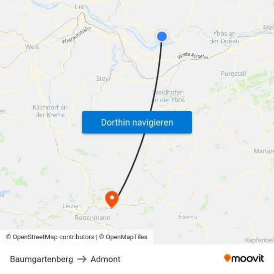 Baumgartenberg to Admont map
