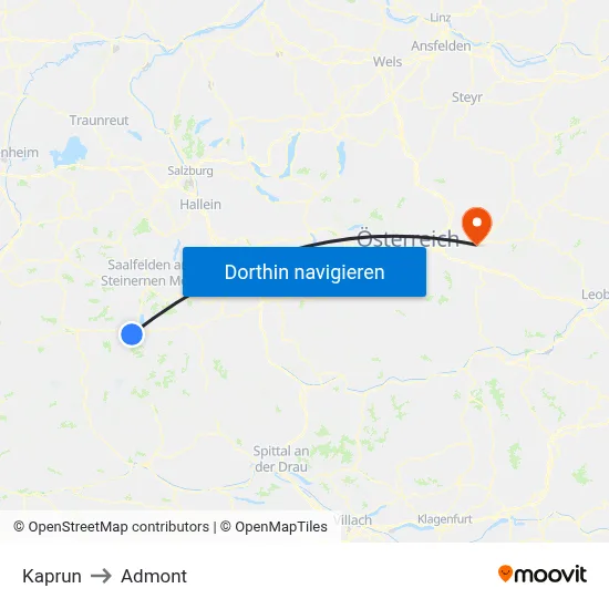 Kaprun to Admont map
