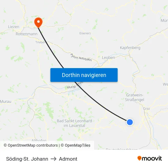 Söding-St. Johann to Admont map