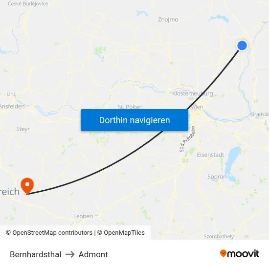 Bernhardsthal to Admont map