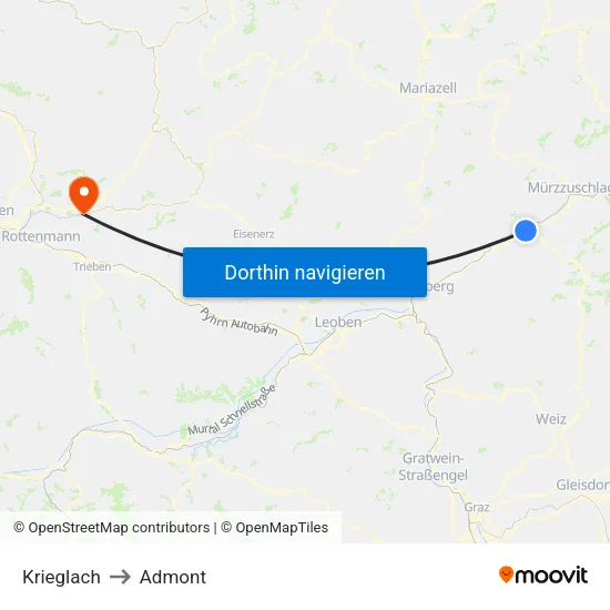 Krieglach to Admont map