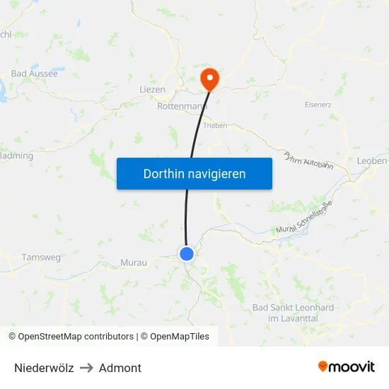 Niederwölz to Admont map