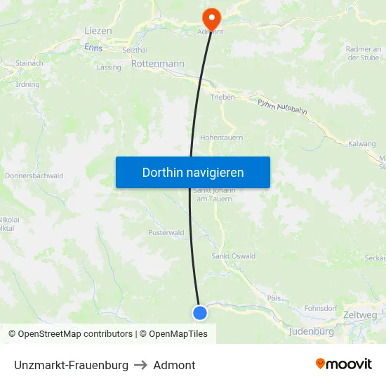 Unzmarkt-Frauenburg to Admont map