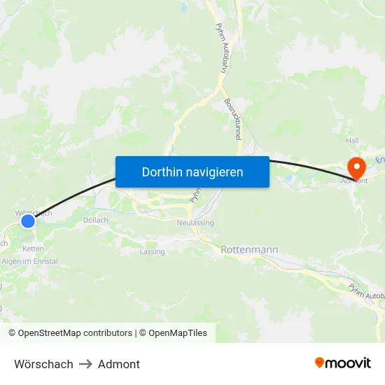 Wörschach to Admont map