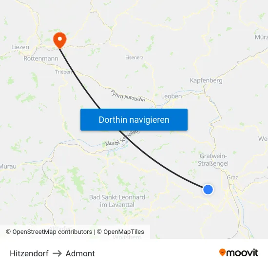 Hitzendorf to Admont map