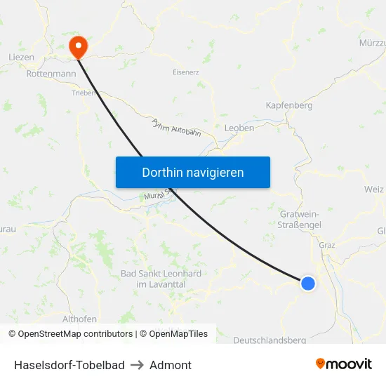 Haselsdorf-Tobelbad to Admont map