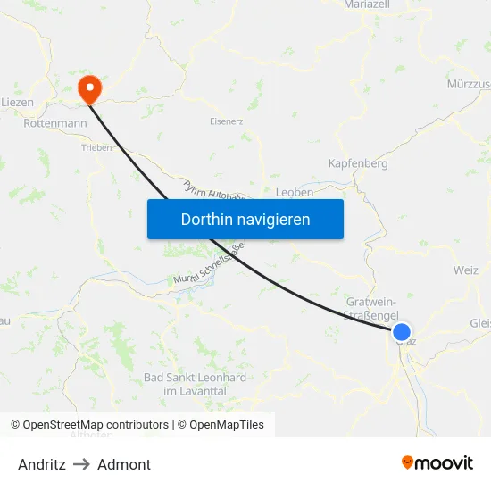 Andritz to Admont map