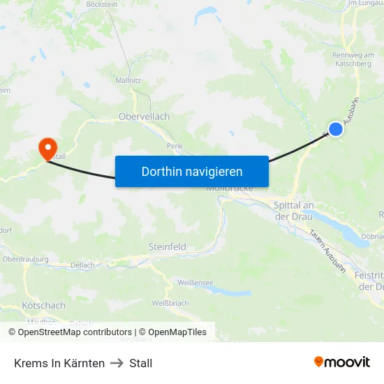 Krems In Kärnten to Stall map