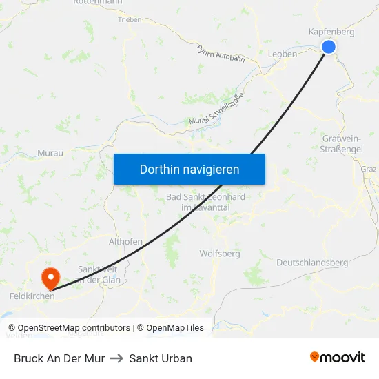 Bruck An Der Mur to Sankt Urban map