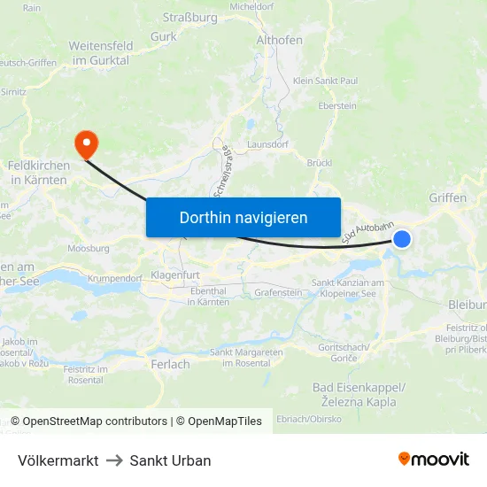Völkermarkt to Sankt Urban map