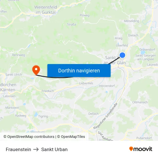 Frauenstein to Sankt Urban map
