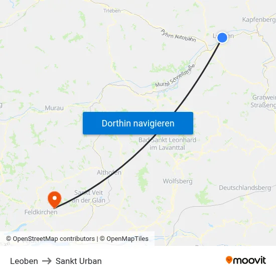 Leoben to Sankt Urban map