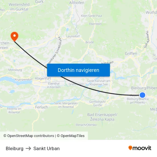 Bleiburg to Sankt Urban map