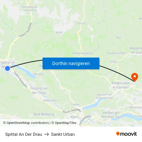 Spittal An Der Drau to Sankt Urban map