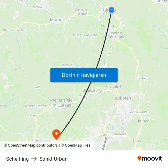 Scheifling to Sankt Urban map