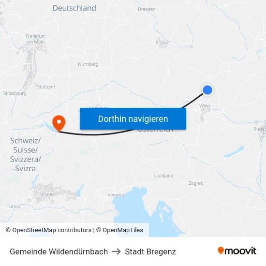 Gemeinde Wildendürnbach to Stadt Bregenz map