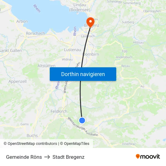 Gemeinde Röns to Stadt Bregenz map