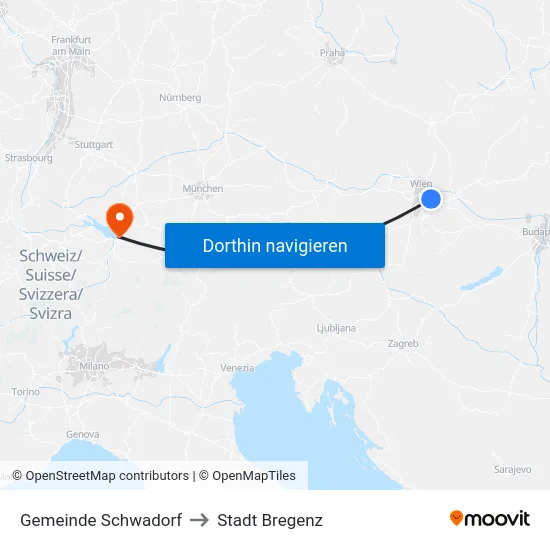 Gemeinde Schwadorf to Stadt Bregenz map