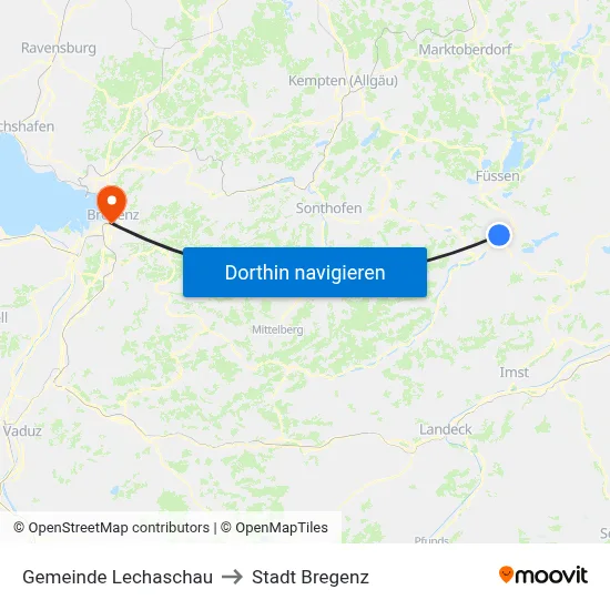 Gemeinde Lechaschau to Stadt Bregenz map
