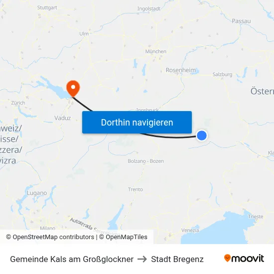 Gemeinde Kals am Großglockner to Stadt Bregenz map