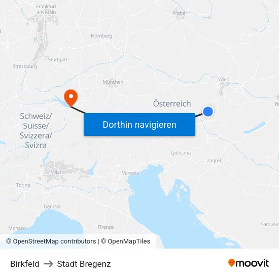 Birkfeld to Stadt Bregenz map