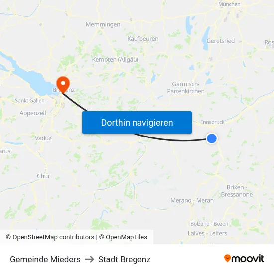 Gemeinde Mieders to Stadt Bregenz map