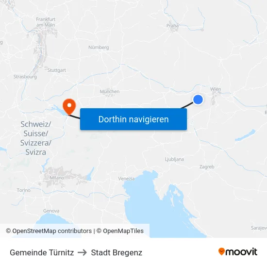 Gemeinde Türnitz to Stadt Bregenz map