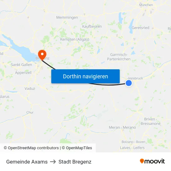 Gemeinde Axams to Stadt Bregenz map